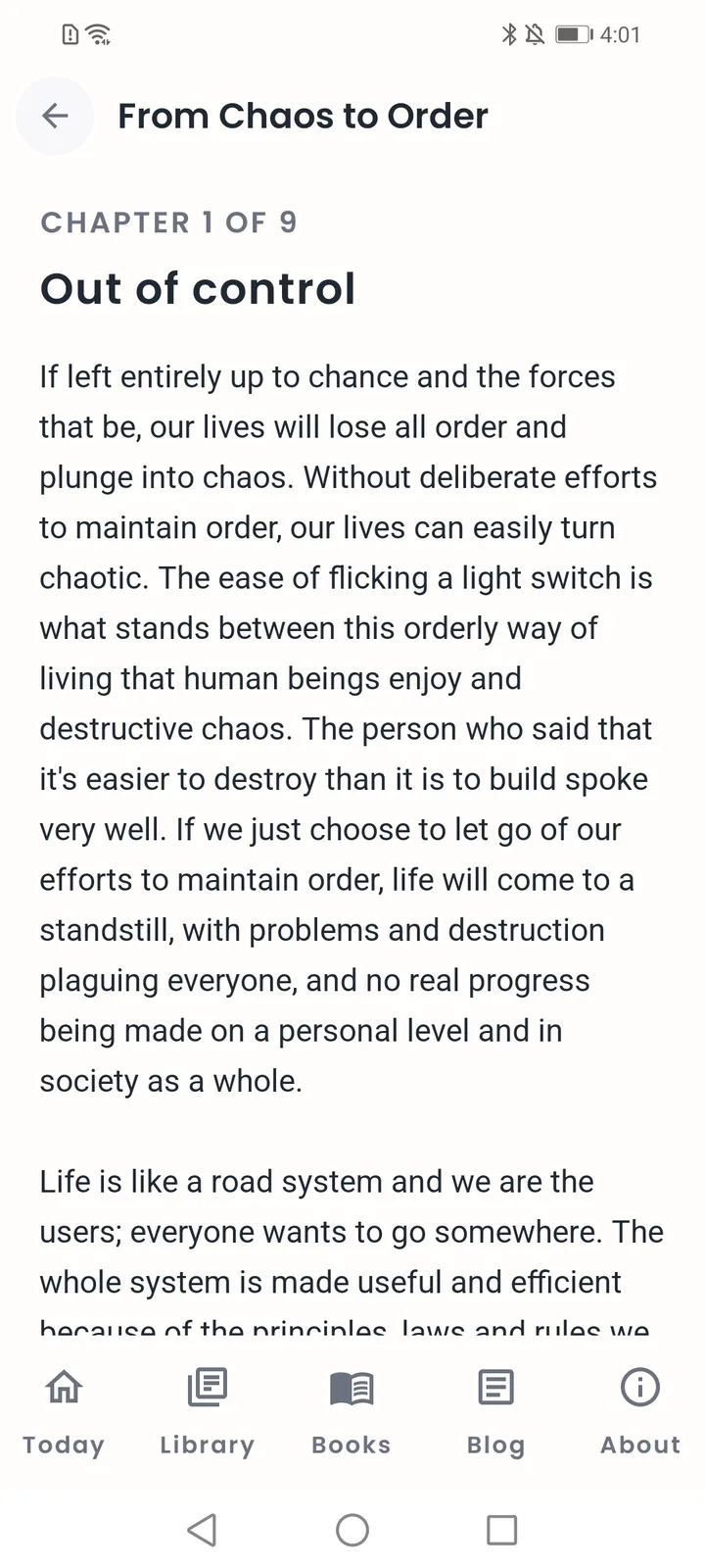 Chapter reader showing “Out of control” from From Chaos to Order.